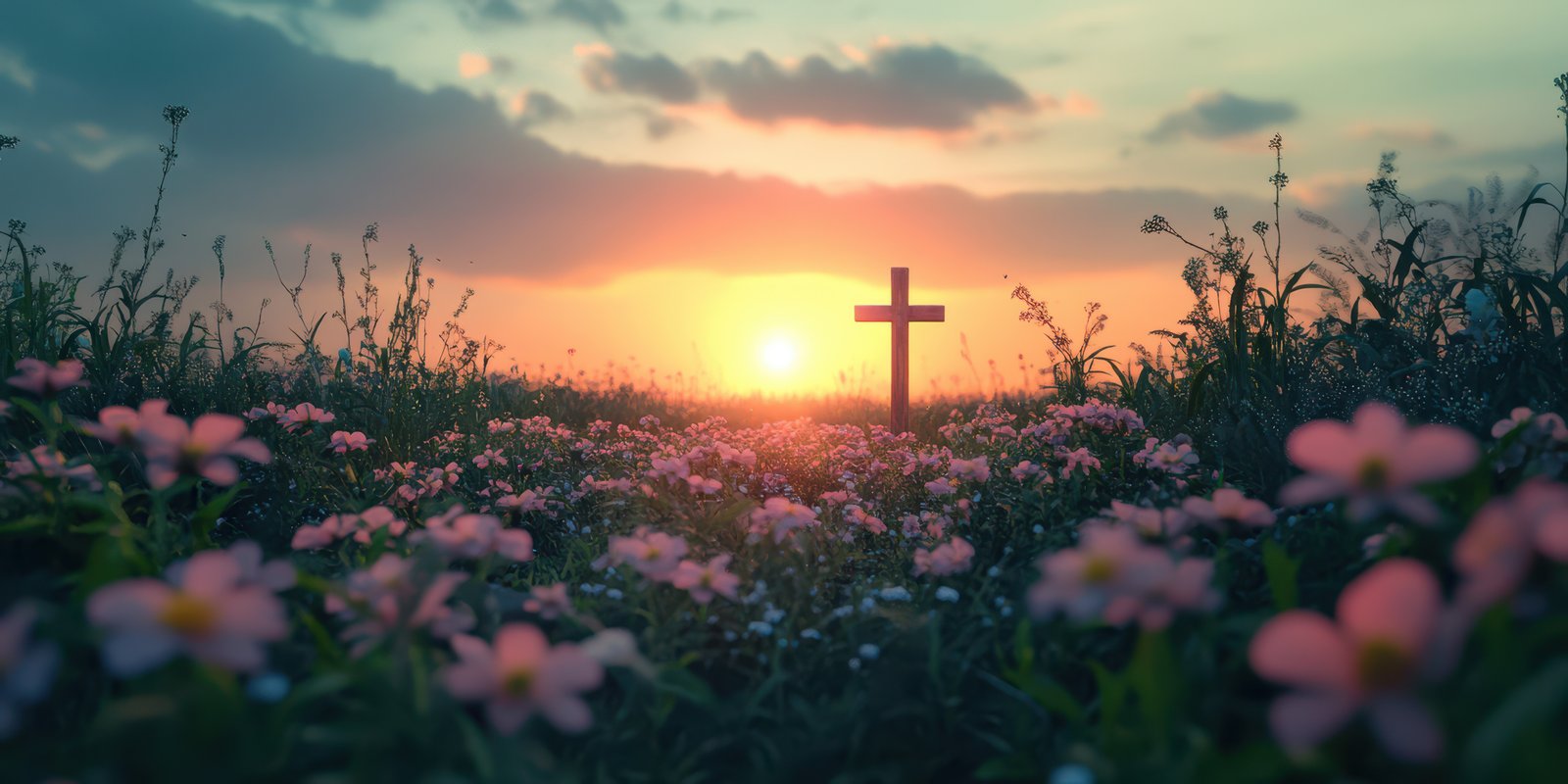 Sunset over a field of flowers with a cross marking the horizon in a serene landscape